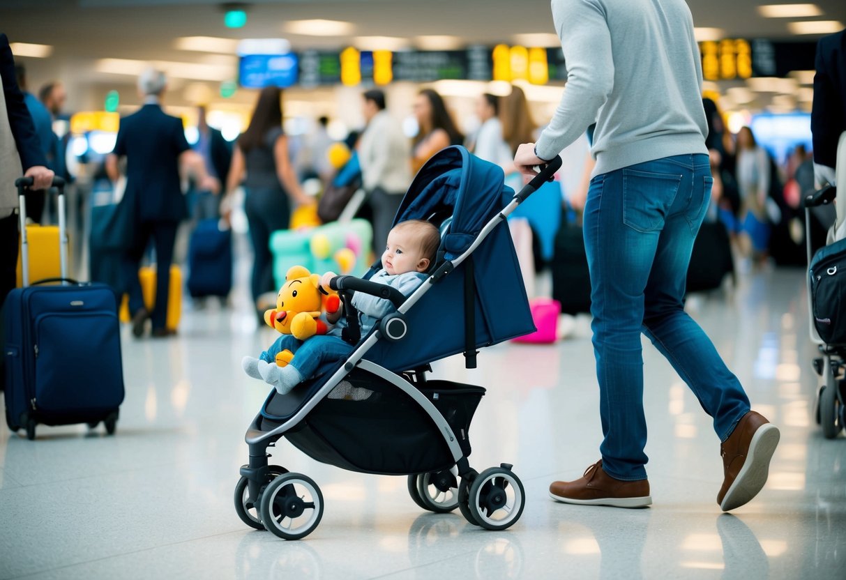 A parent pushes a stroller through a bustling airport, maneuvering around crowds with ease. Luggage and toys are neatly packed in the stroller's compartments