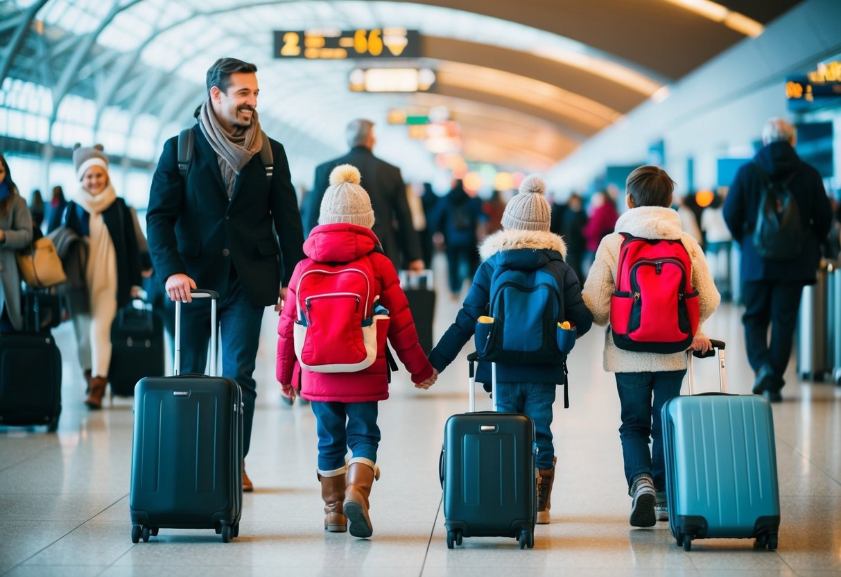 Children in cozy layers, carrying backpacks and rolling suitcases, walking through a bustling airport with their parents