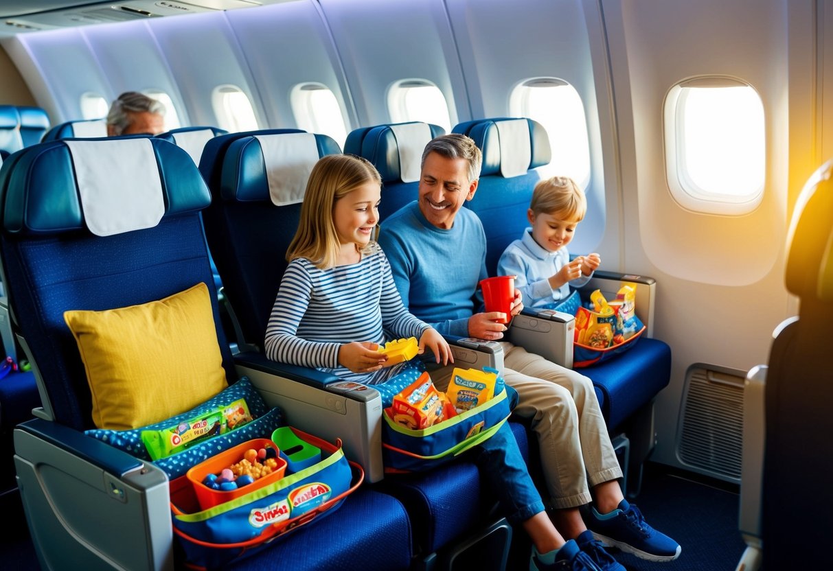 A family with kids sits in an airplane cabin. Toys, snacks, and entertainment are neatly organized in the seat pockets and on the tray tables