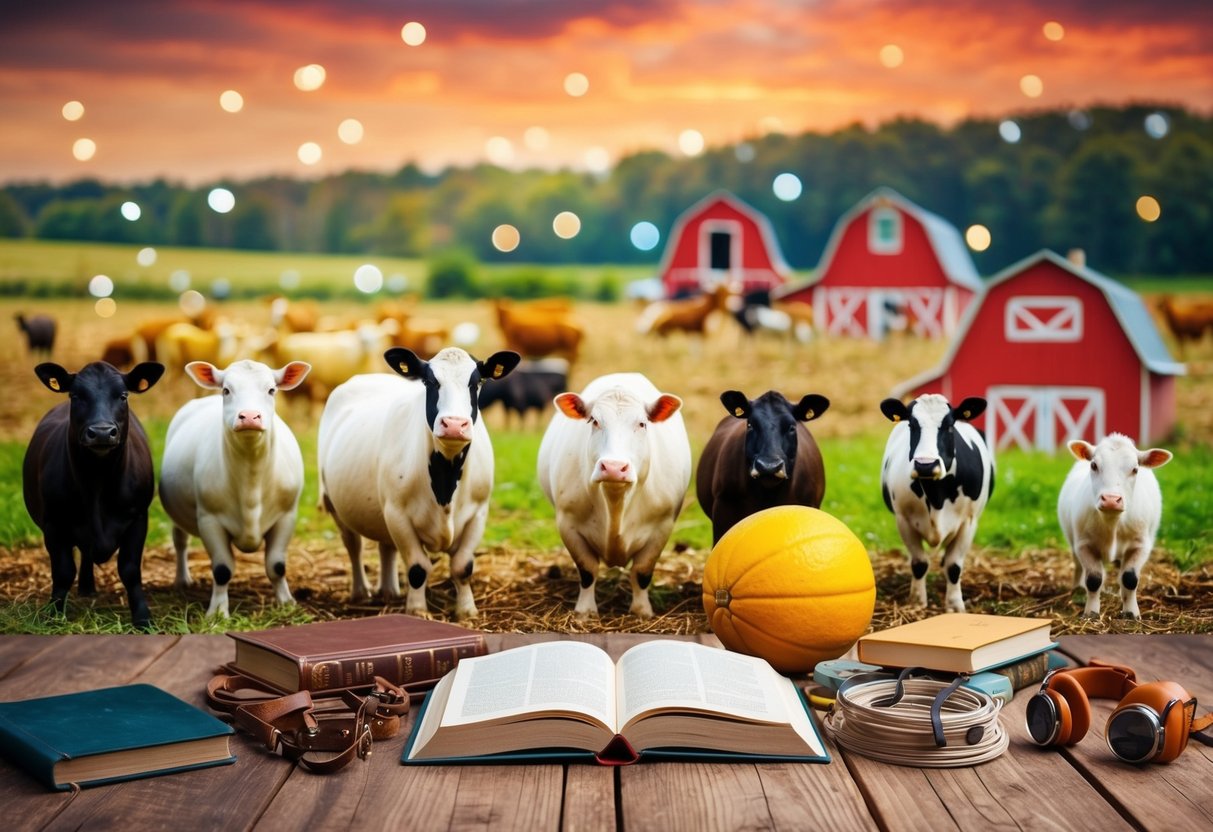 A colorful farm scene with animals making sounds, a book, and various travel items scattered around