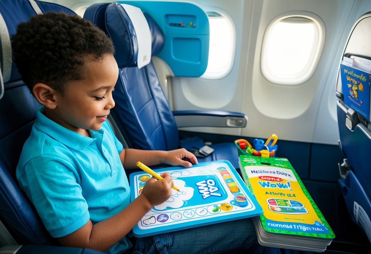 A child sits in an airplane seat, using the Melissa & Doug Water Wow! activity pad to color in the reusable pages, surrounded by 10 essential items for a smooth flight with kids