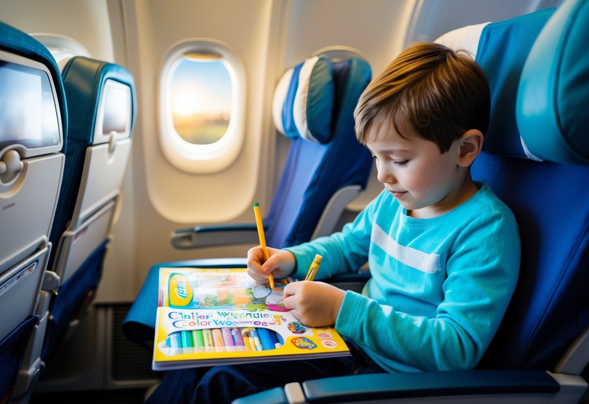 A child sitting in an airplane seat, using the Crayola Color Wonder Mess Free Coloring Kit to color in a coloring book while in-flight