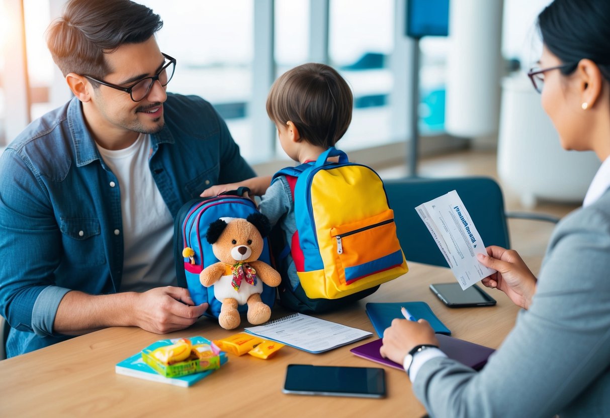 A child sits with a parent, packing a small backpack with a stuffed animal, snacks, and a coloring book. The parent holds a boarding pass and passport while discussing the upcoming flight