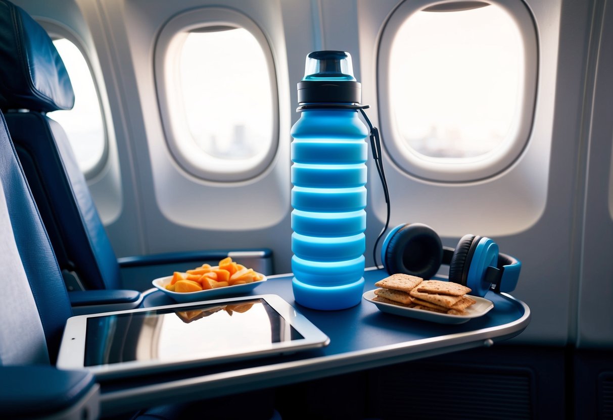 A collapsible water bottle sits next to a tablet, headphones, and snacks on a tray table in an airplane seat