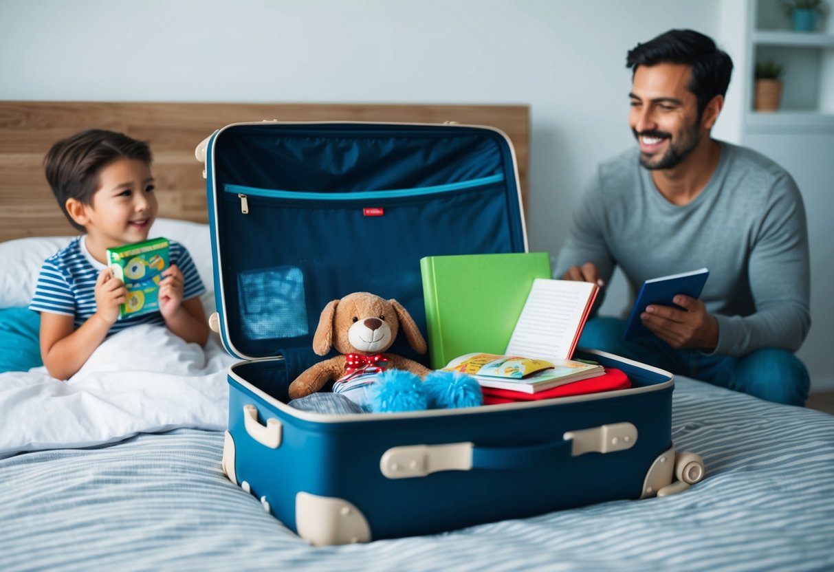 A child's suitcase open on a bed, filled with travel essentials like a stuffed animal, a book, and a snack, while a parent looks on with a smile