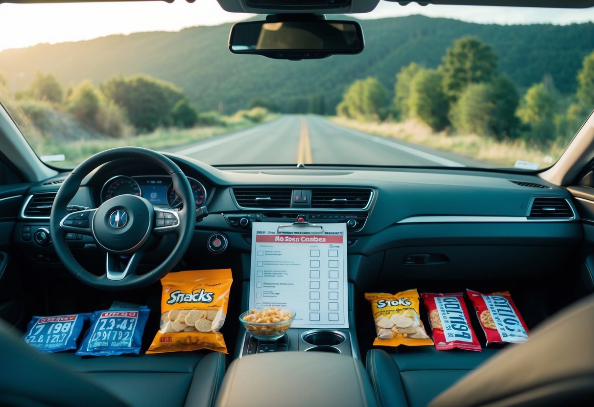 A car dashboard with a map, snacks, and a checklist of license plates