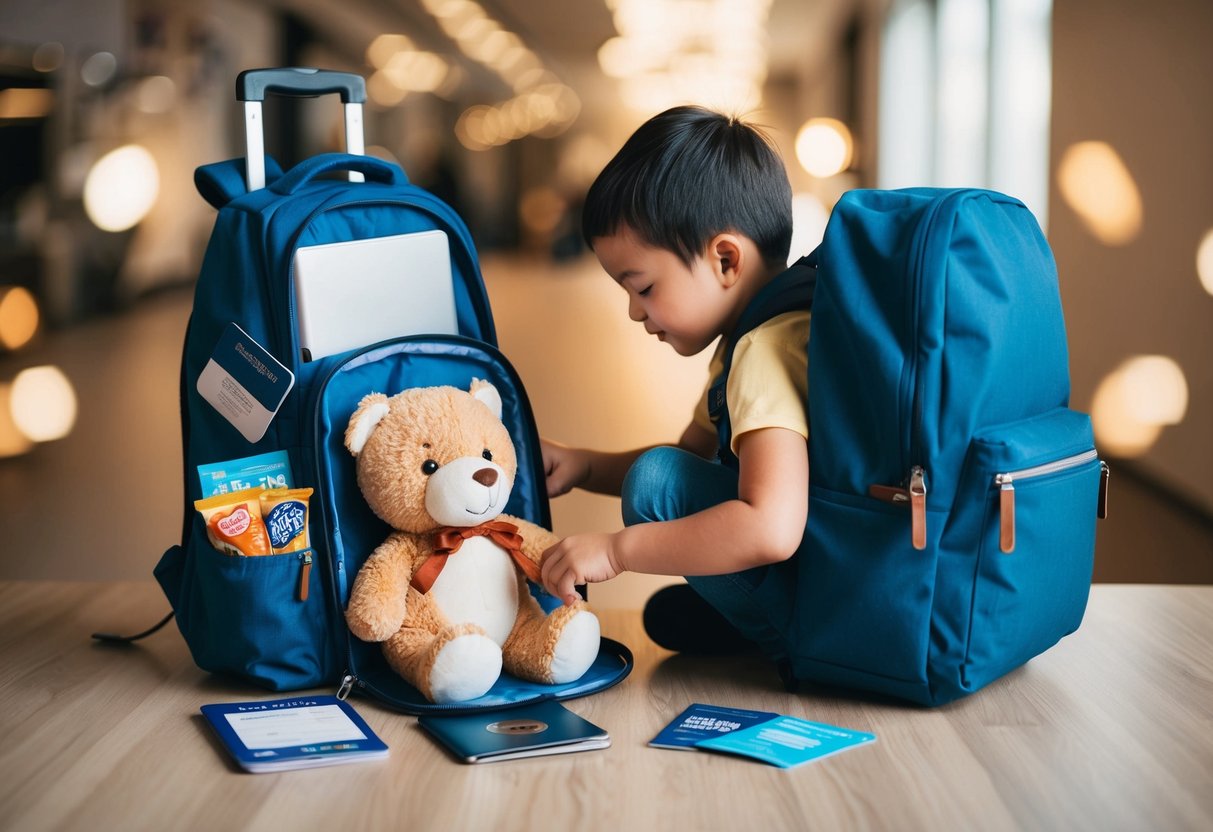 A child placing a stuffed animal into a backpack, surrounded by travel essentials like a passport, boarding pass, and snacks