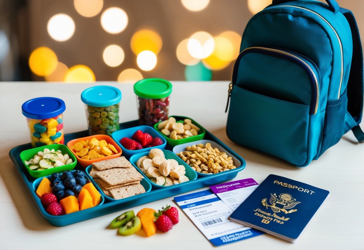 A colorful assortment of healthy snacks arranged on a tray, with a small backpack and a child's passport and boarding pass next to it