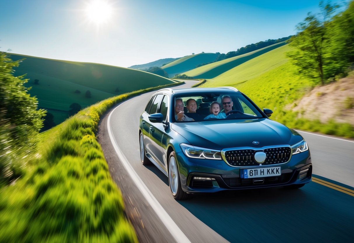 A family car driving on a winding road, surrounded by rolling hills and green trees. The sun is shining in the clear blue sky, and the car is filled with laughter and excitement