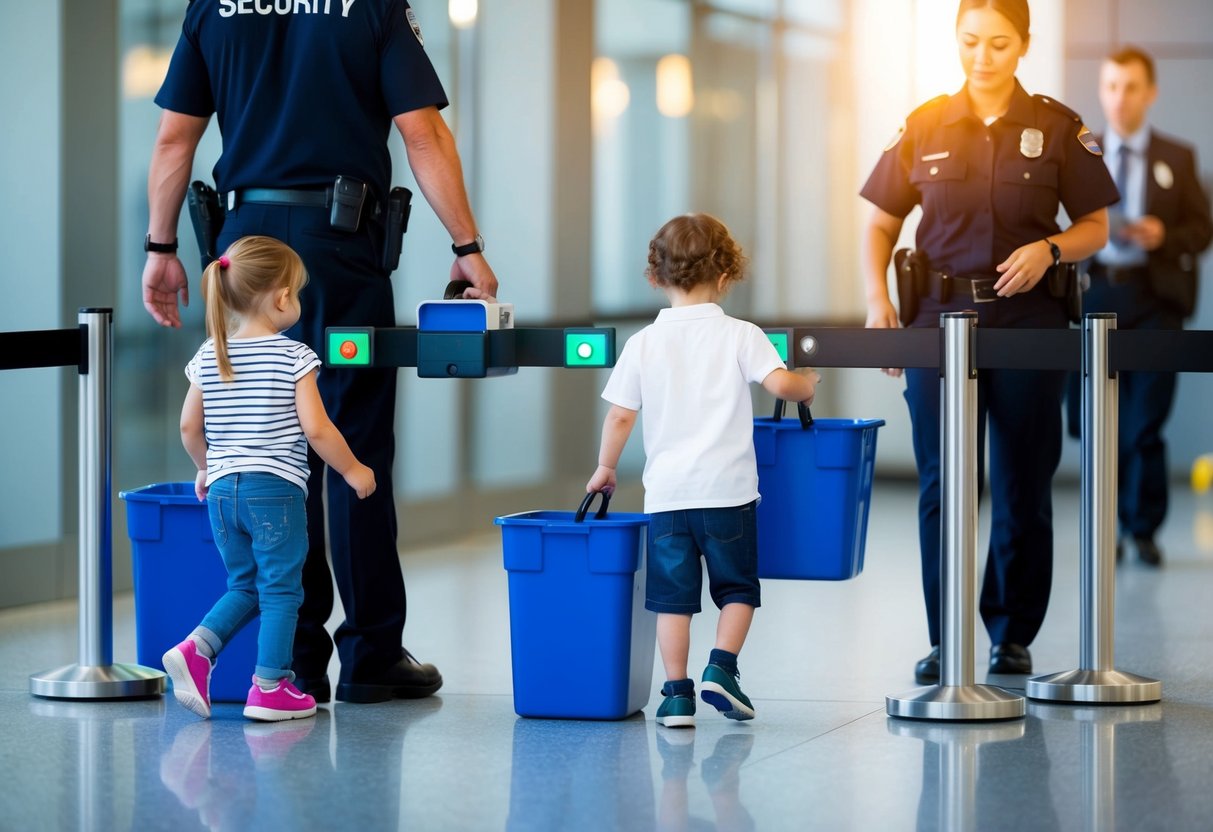 A parent and child standing at a security checkpoint, placing items in bins, walking through a metal detector, and having their belongings scanned by security personnel