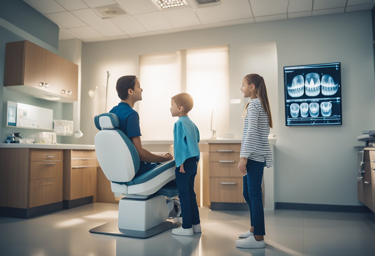 A family of four sitting in a dentist's office, with a dentist examining a child's teeth and a vision chart on the wall