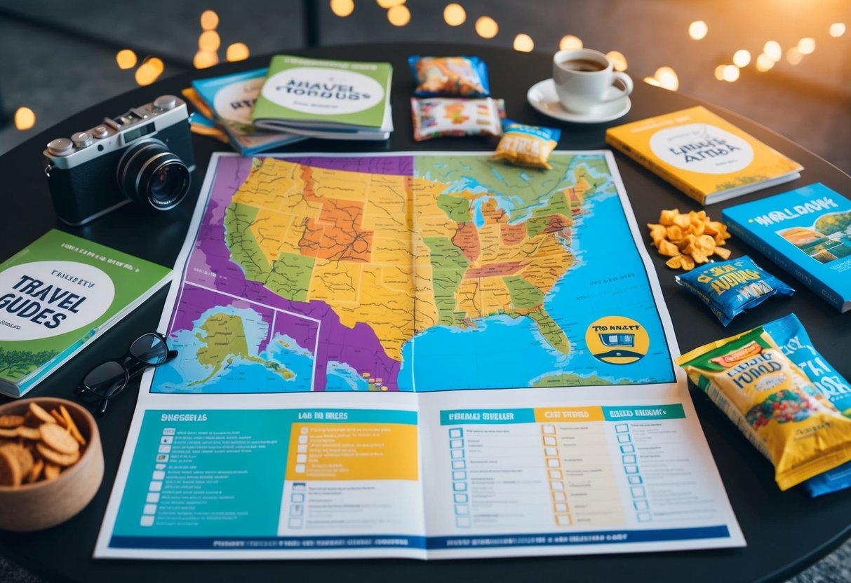 A colorful map spread out on a table, surrounded by travel guides, snacks, and a checklist of essentials for a family road trip