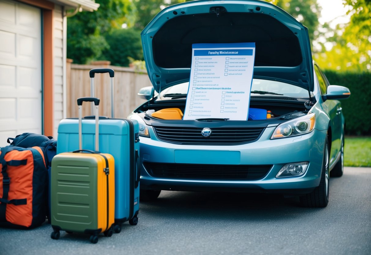 A family car parked in a driveway with open hood, showing a checklist of car maintenance items. Luggage and camping gear are being loaded into the trunk for a road trip