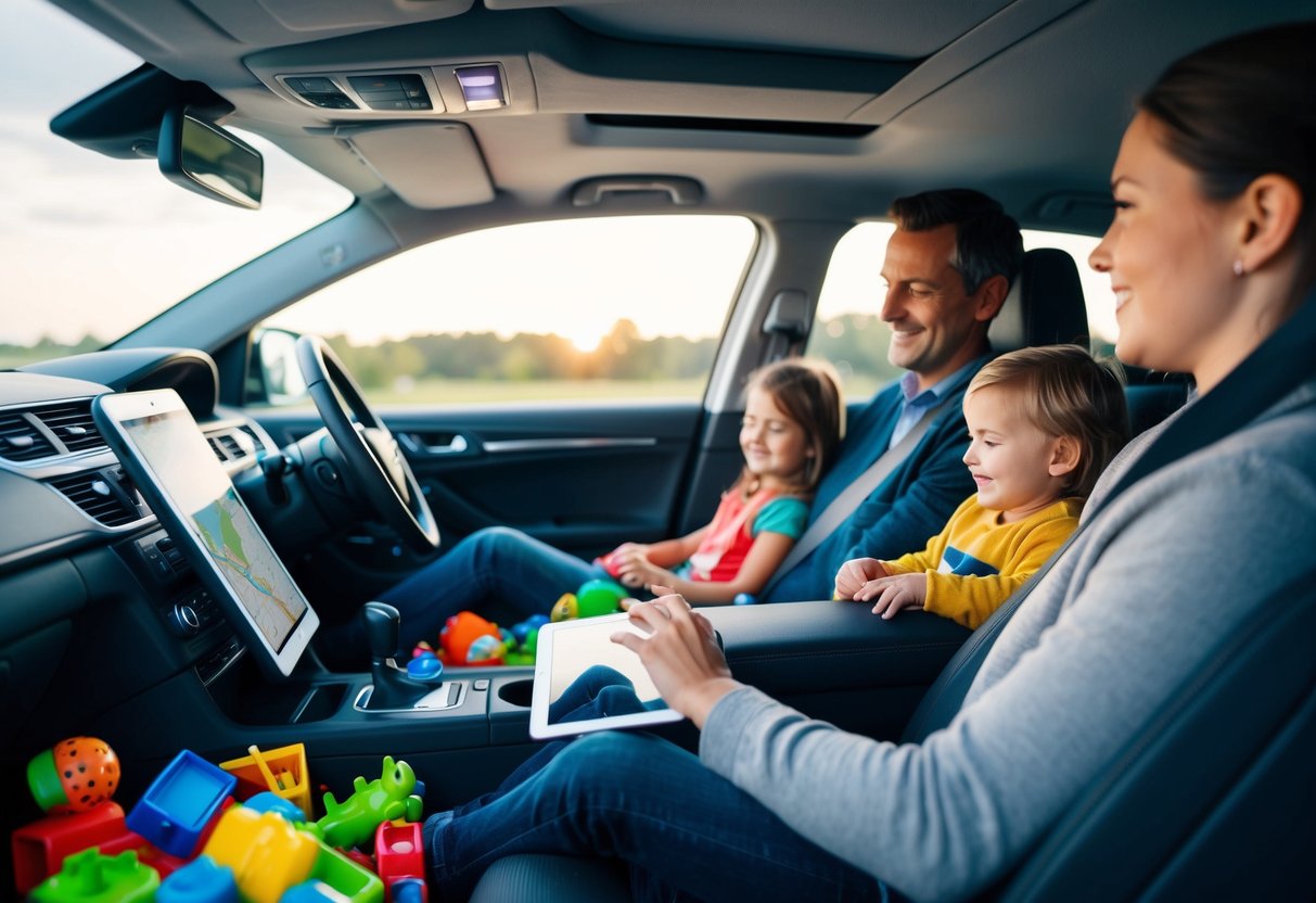 A family car with kids' toys scattered, a tablet playing kids' songs, and a parent using a map for a long drive