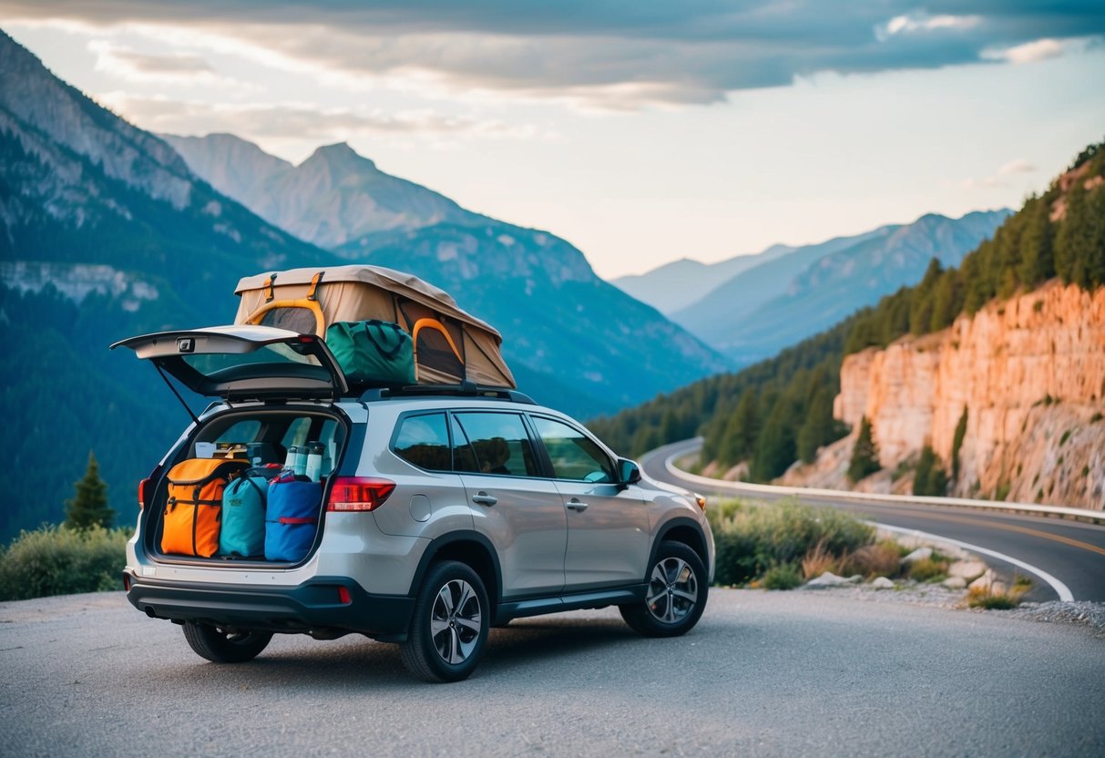 A family car loaded with camping gear and road trip essentials parked by a scenic overlook with mountains and a winding road in the background