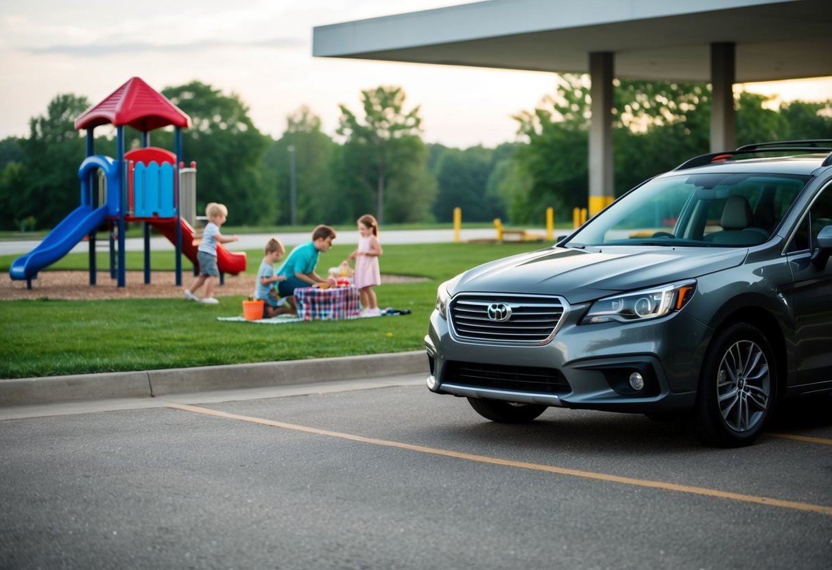 A family car parked at a rest stop, with children playing on a nearby playground while parents set up a picnic