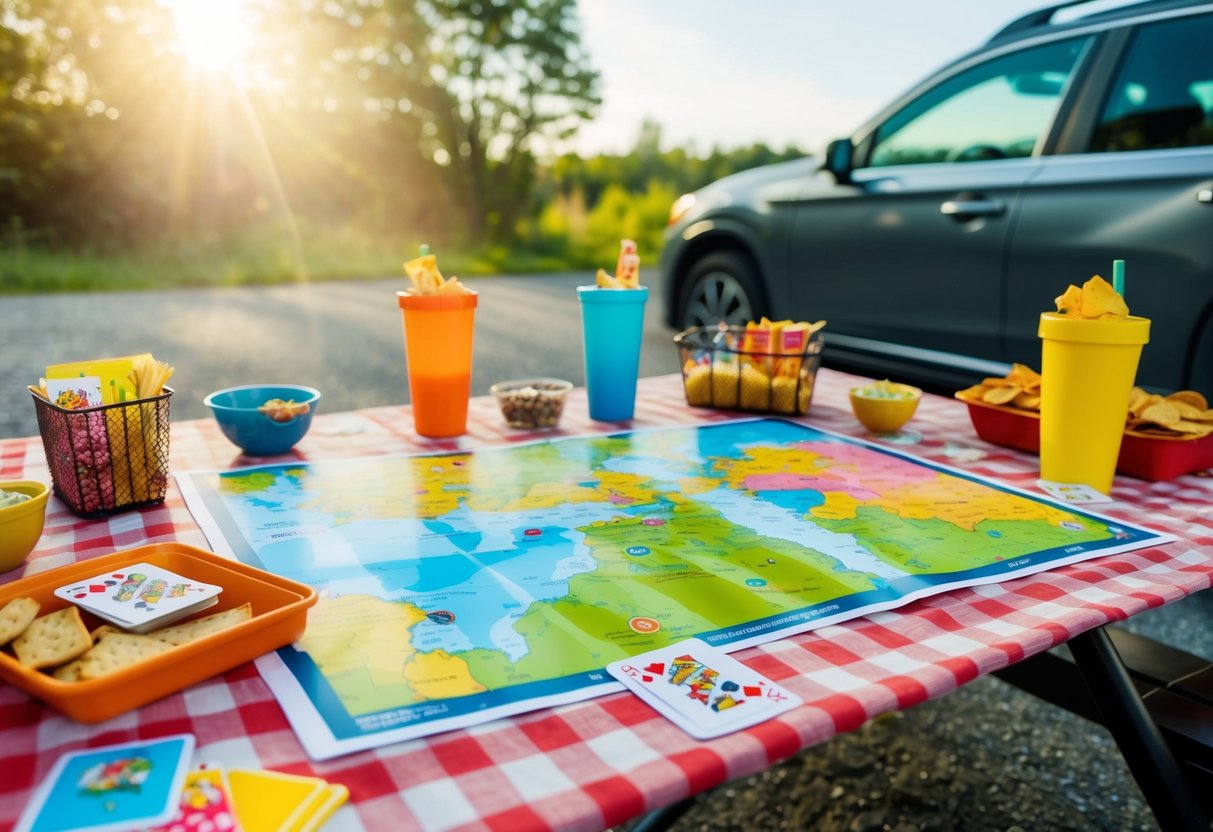 A colorful map spread out on a picnic table, surrounded by snacks and a deck of cards. A car is parked nearby, ready for a family road trip adventure