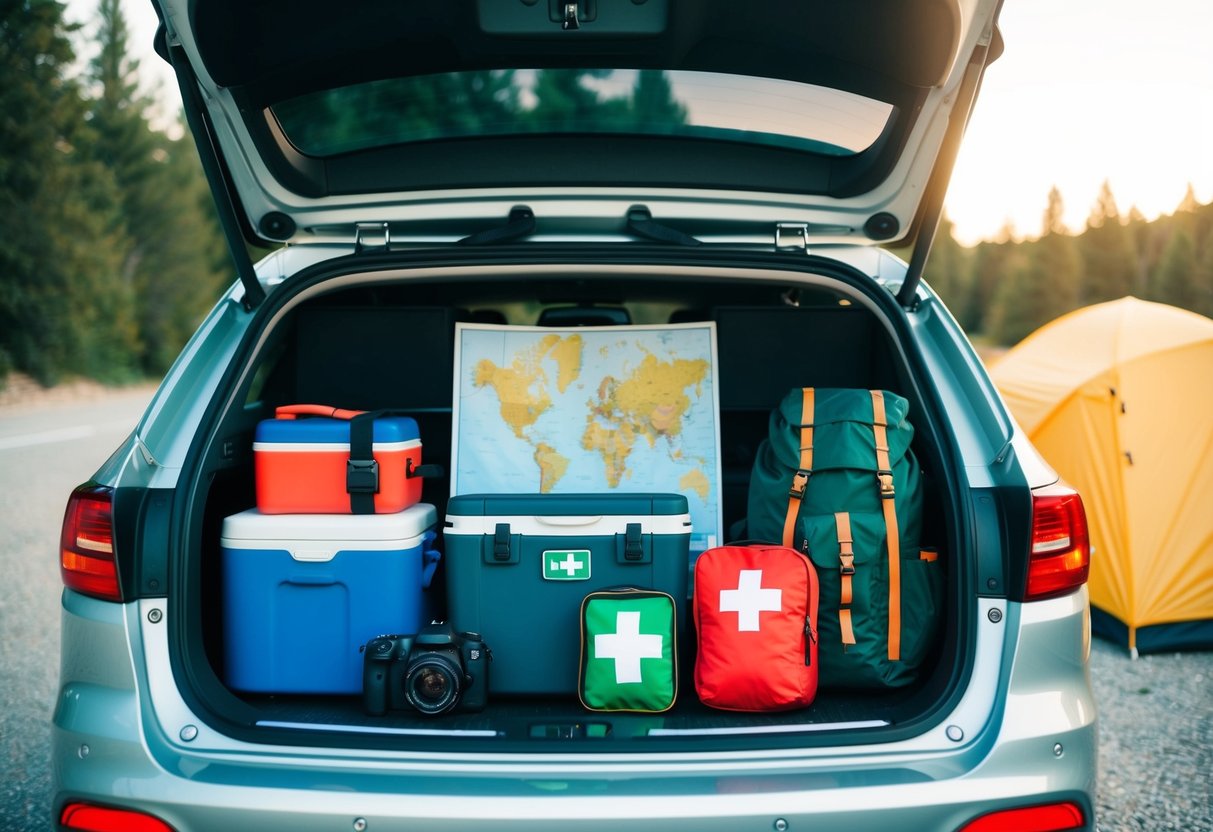 A car trunk filled with luggage, a cooler, a map, a camera, a first aid kit, a tent, and a backpack