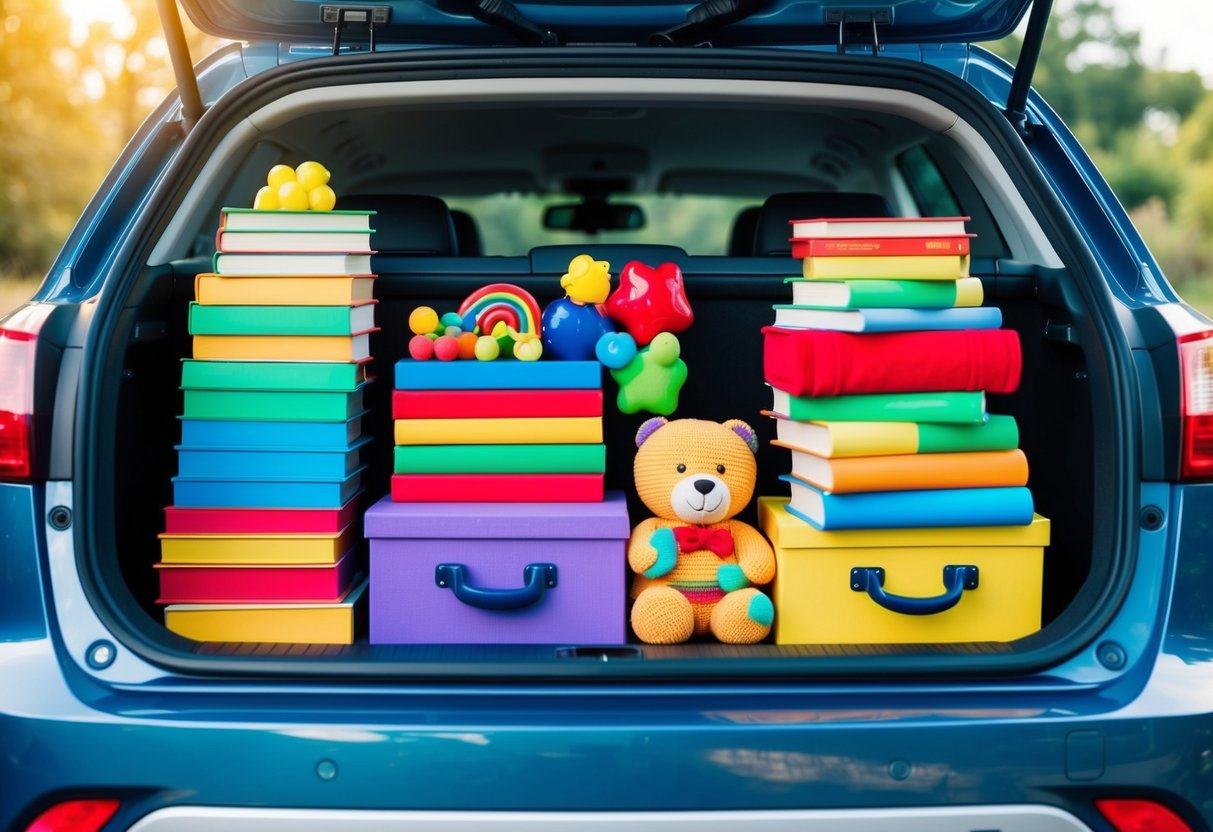 A car trunk filled with colorful toys and books organized in a neat and accessible manner for easy reach