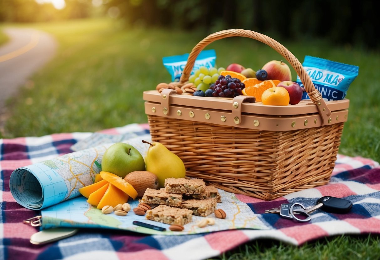 A picnic basket filled with fresh fruits, nuts, and granola bars sits on a checkered blanket next to a road map and a car key