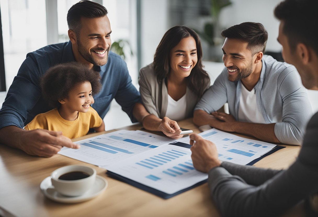 A family sitting around a table reviewing different dental and vision insurance plans with various cost considerations and coverage options