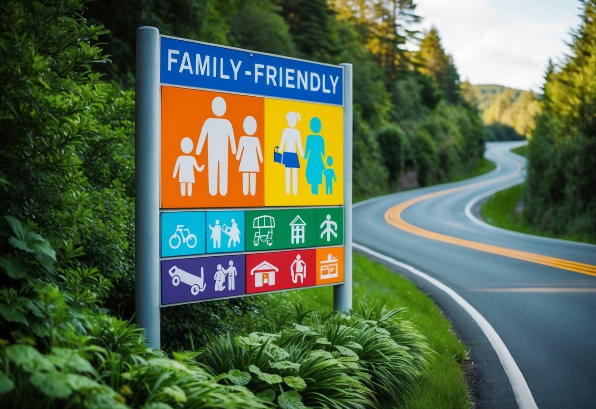 A colorful roadside sign displays icons for family-friendly attractions and activities, surrounded by lush greenery and a winding road