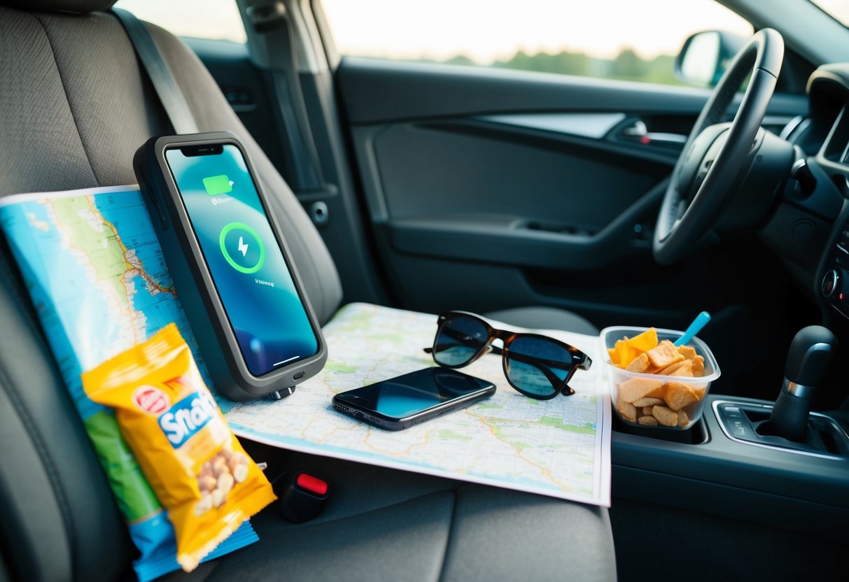 A portable phone charger sits next to a map, sunglasses, and snacks on a car seat during a road trip