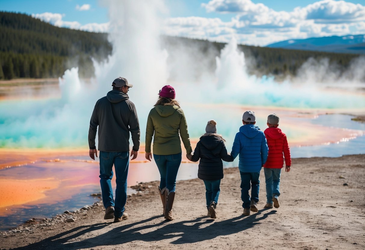 A family of four hikes past geysers and colorful pools in Yellowstone National Park, Wyoming