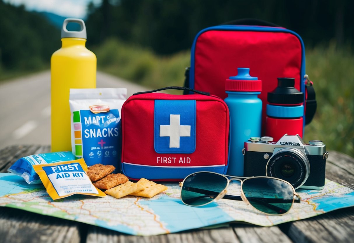 A colorful first aid kit sits among road trip essentials: maps, snacks, water bottle, sunglasses, and a camera