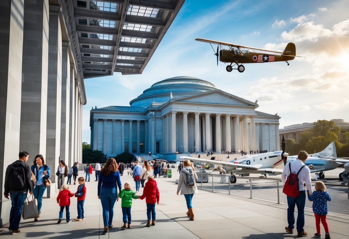 The iconic building of the Smithsonian National Air and Space Museum in Washington, D.C. with families exploring exhibits and planes on a sunny day