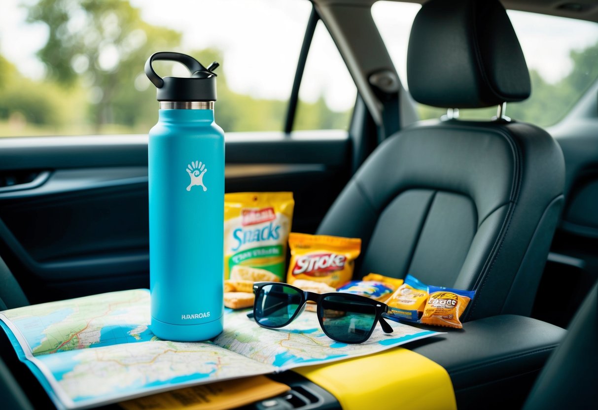 A reusable water bottle sits among a map, sunglasses, snacks, and other essentials on a car seat for a road trip