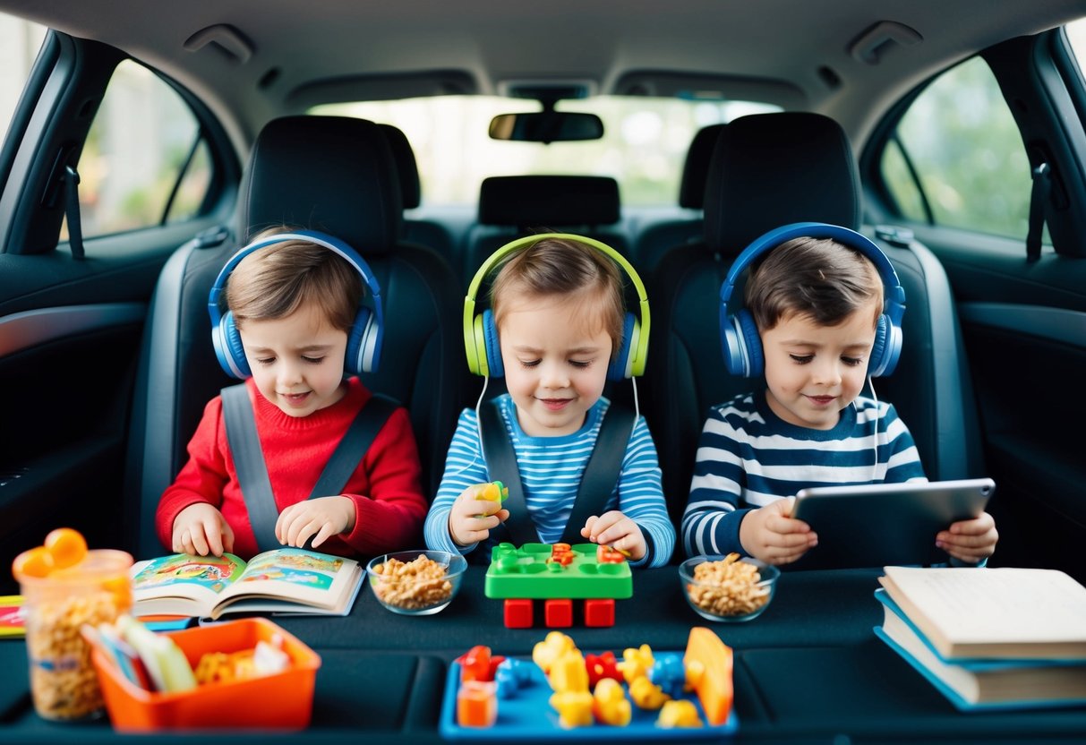 Children playing with toys and games in a car, surrounded by snacks and books, with headphones and tablets to keep them entertained