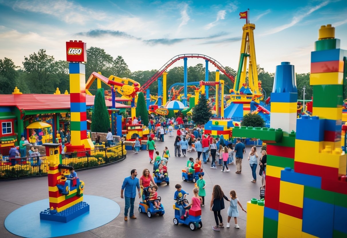 A colorful and bustling Legoland theme park with families enjoying rides, attractions, and Lego sculptures