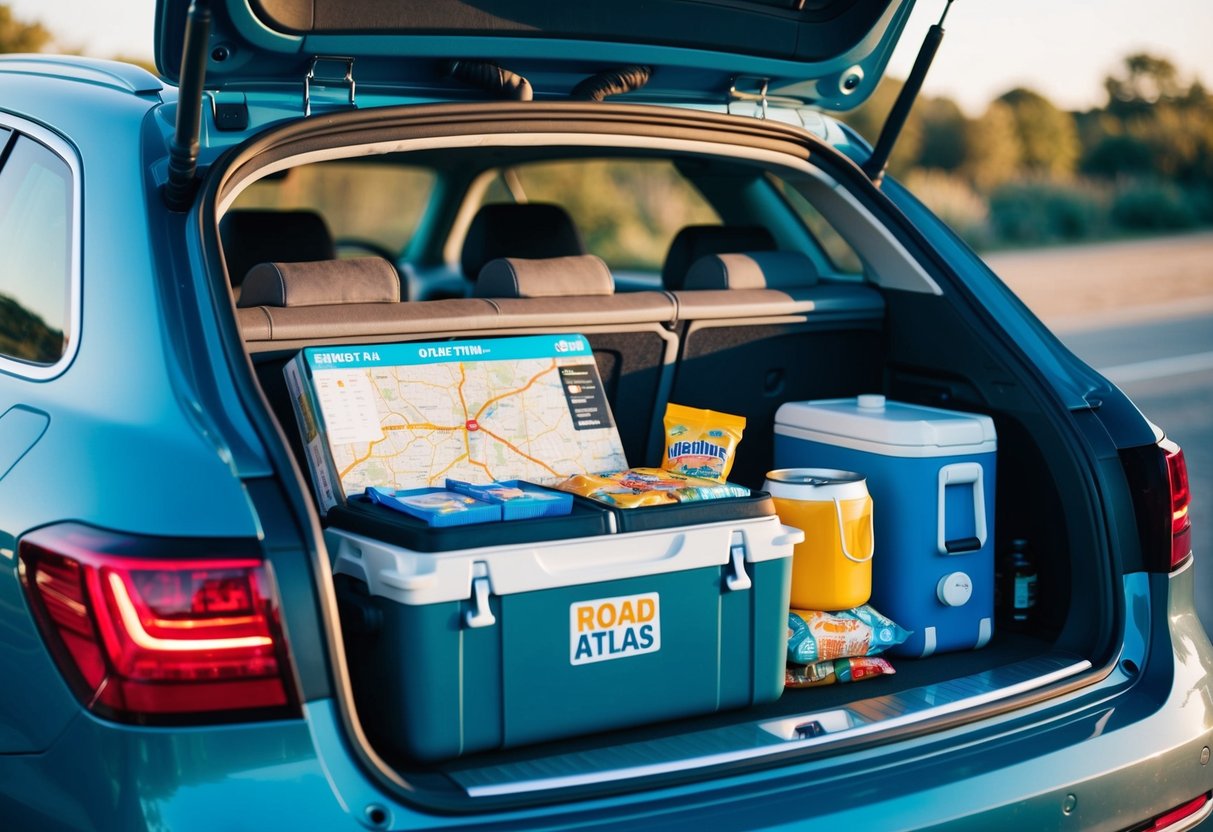 A car trunk open, revealing a neatly packed Road Atlas, along with a cooler, snacks, and other road trip essentials