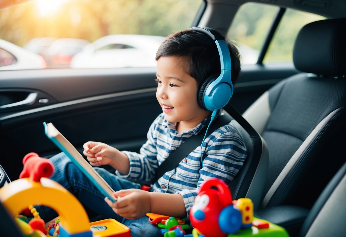 Children in a car with headphones, listening to audiobooks while playing with toys and looking out the window