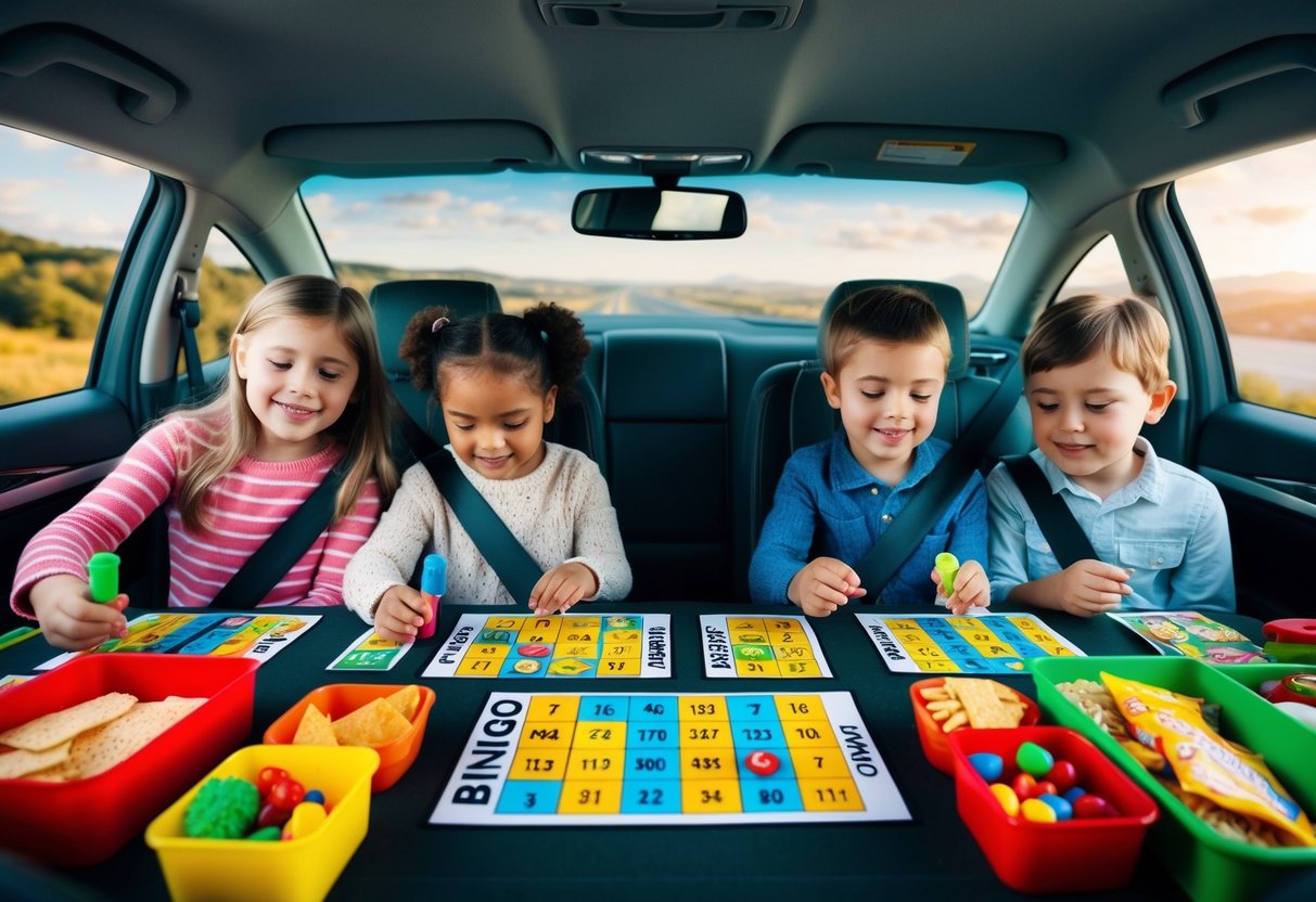 Children playing car bingo with colorful game cards and markers, surrounded by snacks and toys, while the car drives through a scenic landscape