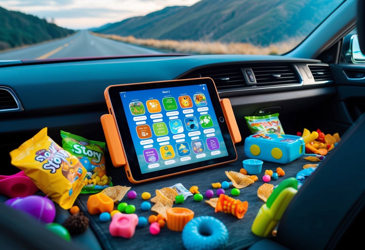 A colorful tablet screen displaying a variety of interactive story apps, surrounded by scattered toys and snacks, inside a car with a scenic road outside the window