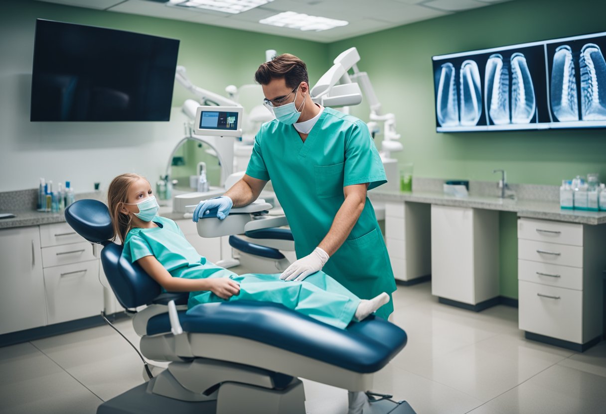 A dental office with a dentist and patient, surrounded by dental tools and equipment. A family with children in the waiting area