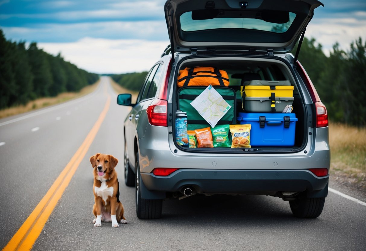 A packed car with camping gear, snacks, and maps. A family dog eagerly waits by the open car door. A road stretching into the distance