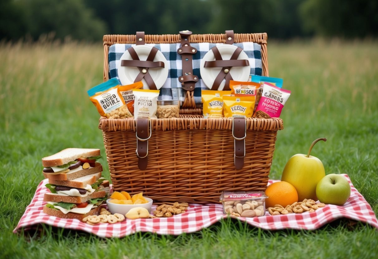 A picnic basket filled with a variety of snacks and meals, including sandwiches, fruits, nuts, and granola bars, arranged neatly on a checkered blanket in a grassy field