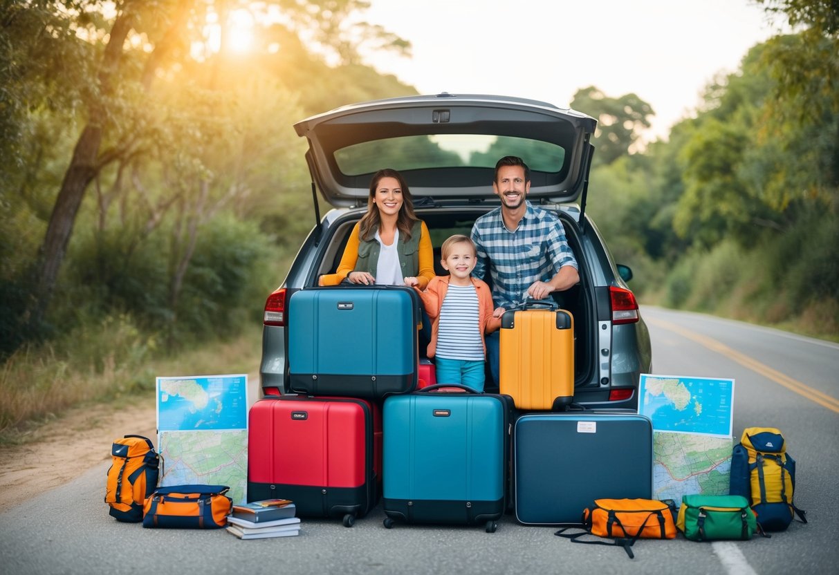 A family of four packs suitcases and camping gear into the trunk of a car, surrounded by maps and travel guides