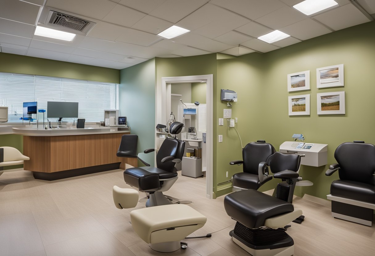 A family dentist and optometrist office with a welcoming waiting area, dental and vision equipment, and friendly staff assisting patients