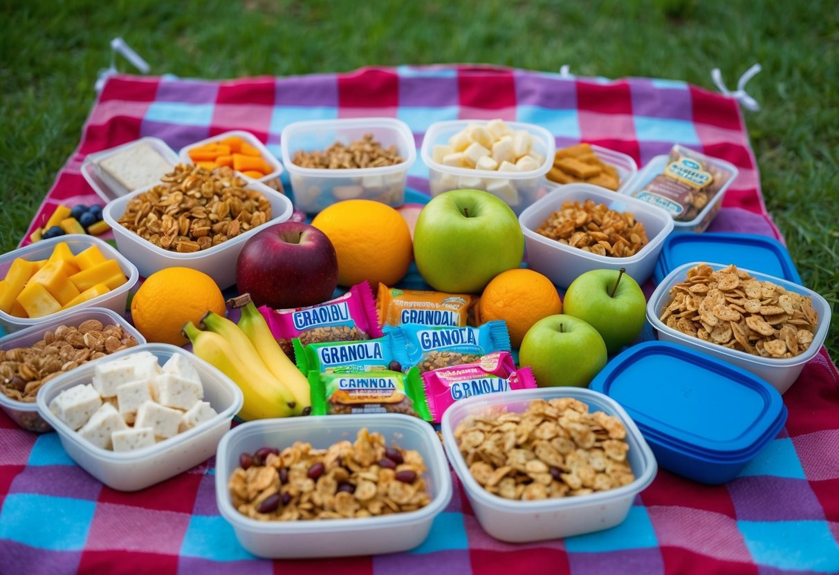 A colorful array of granola bars, fresh fruit, and neatly packed containers of snacks and meals laid out on a checkered picnic blanket