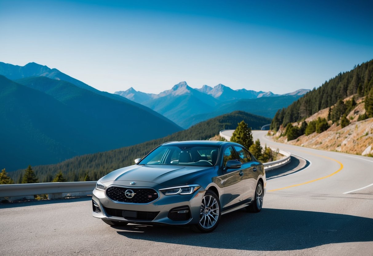 A well-maintained car parked in front of a scenic mountain vista with a clear blue sky and a winding road stretching into the distance