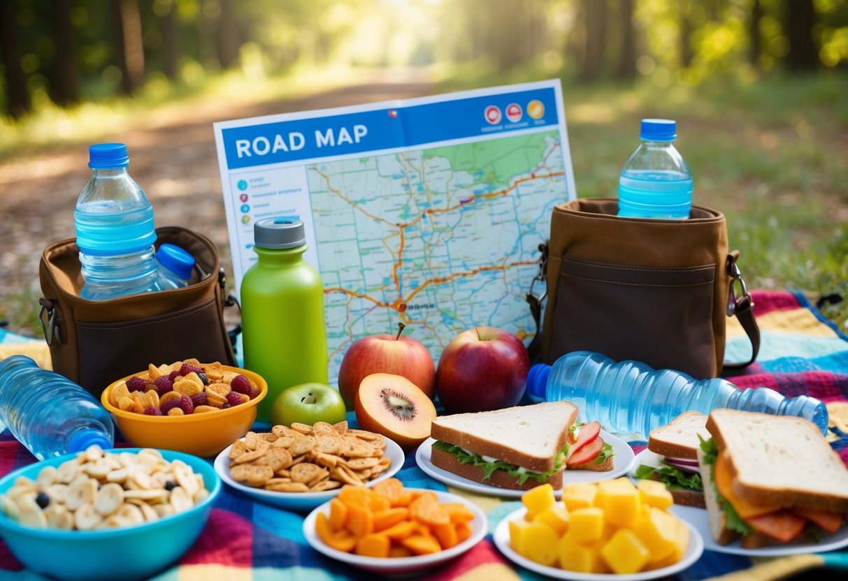 A road map surrounded by a variety of snacks and meals, including trail mix, fruit, sandwiches, and water bottles, laid out on a picnic blanket