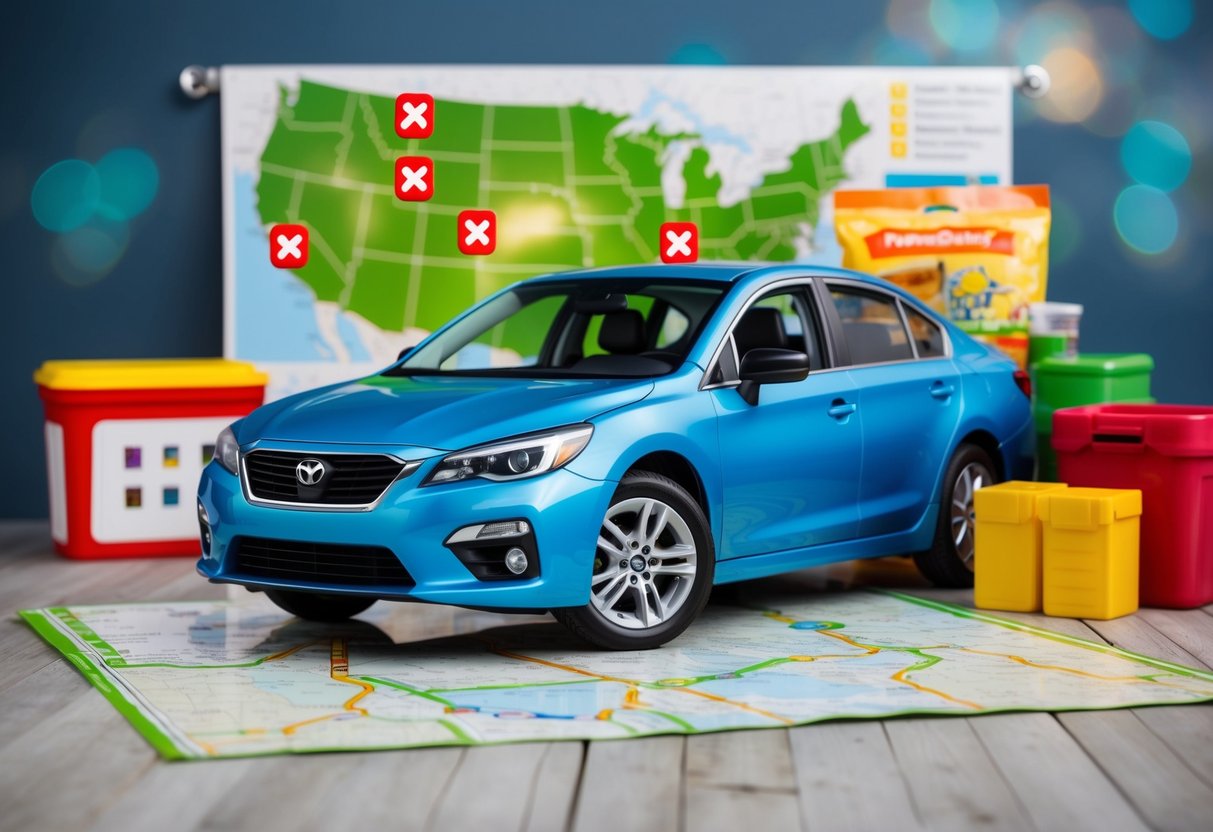 A family car parked in front of a road map with 10 check marks next to items like snacks, games, and emergency supplies