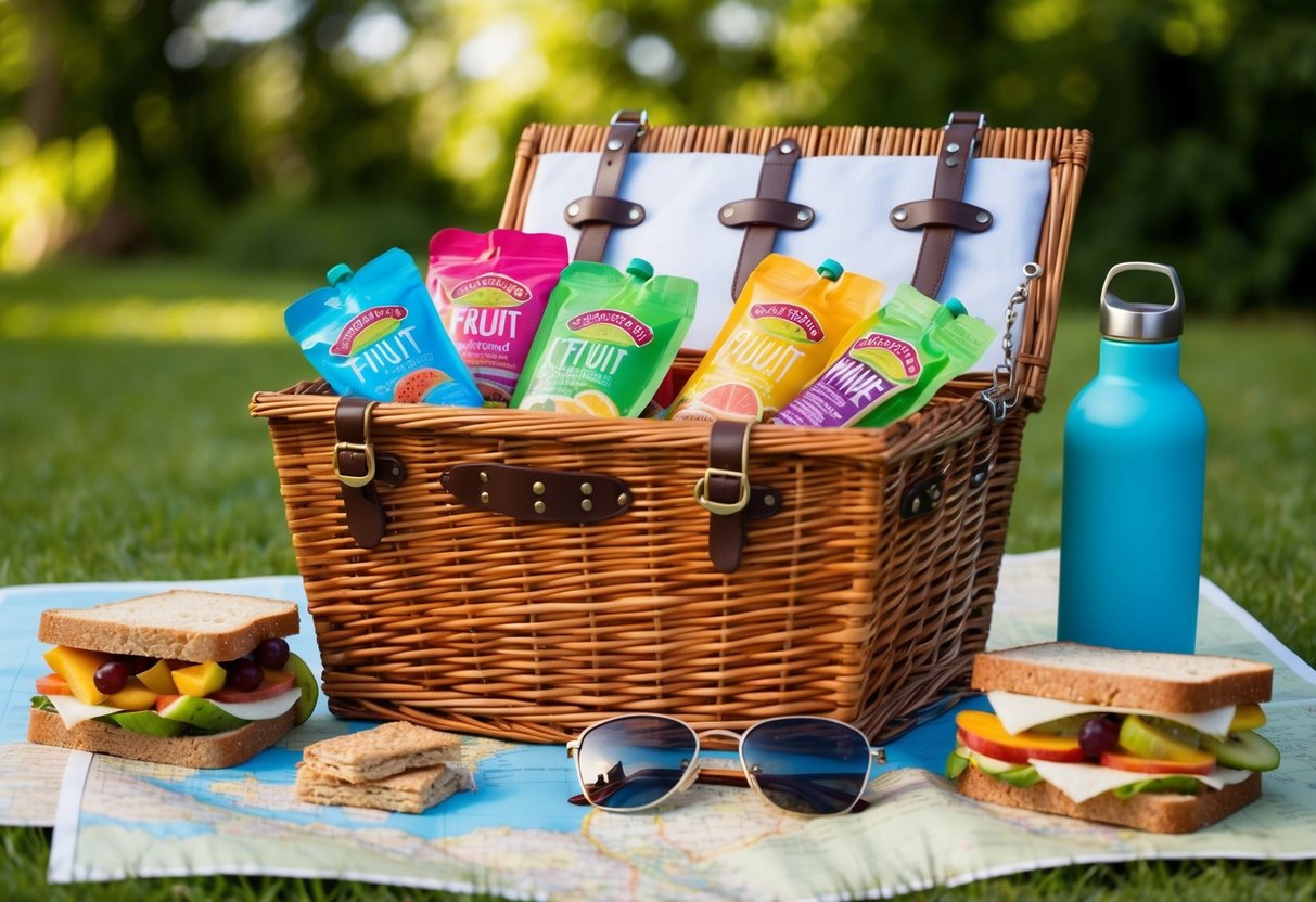 A picnic basket filled with assorted fruit pouches, granola bars, and sandwiches, surrounded by a map, sunglasses, and a water bottle