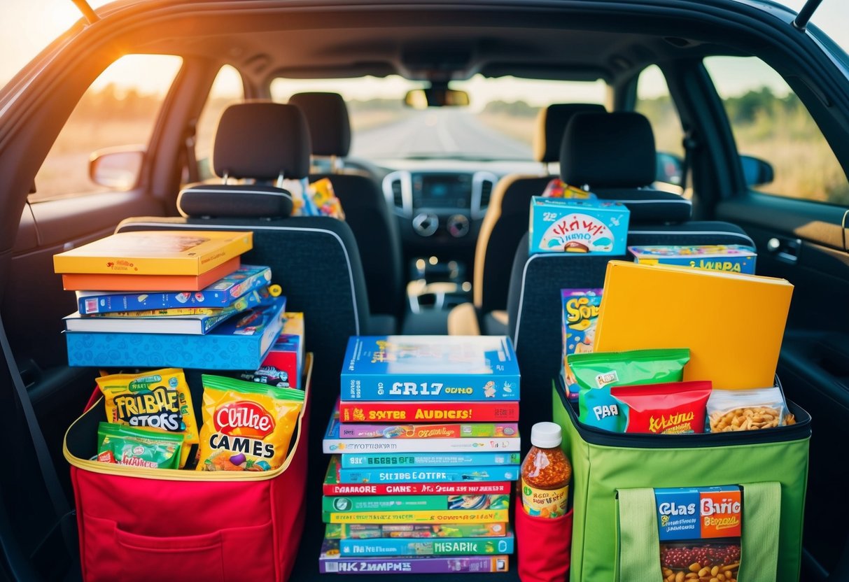 A car packed with games, books, and snacks for a long road trip