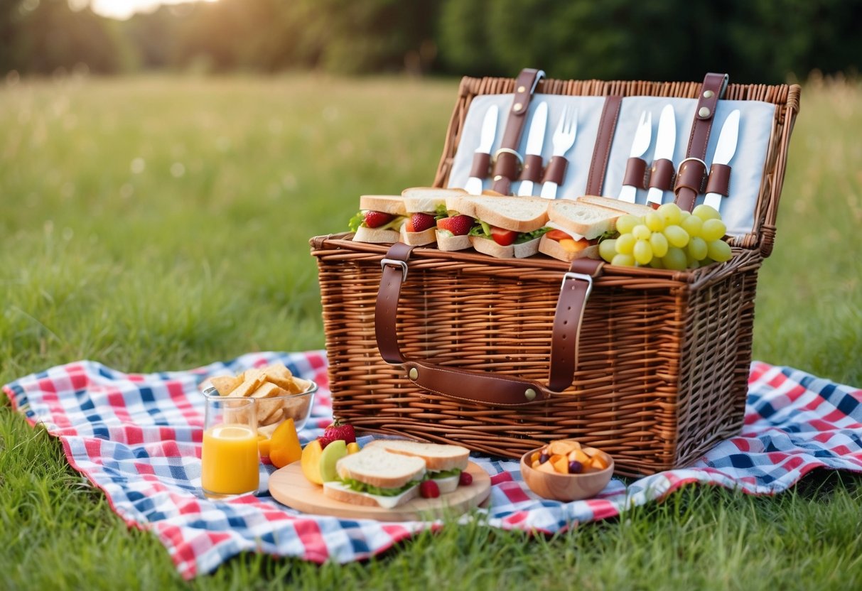 A picnic basket filled with neatly arranged mini sandwiches, fruit, and snacks sits on a checkered blanket in a grassy field