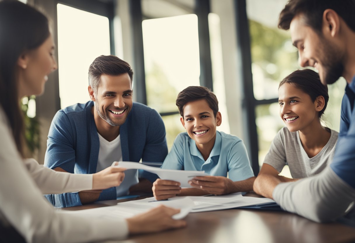 A family sitting around a table, looking at a brochure for dental and vision insurance plans, with a dentist's office and an eye doctor's office in the background